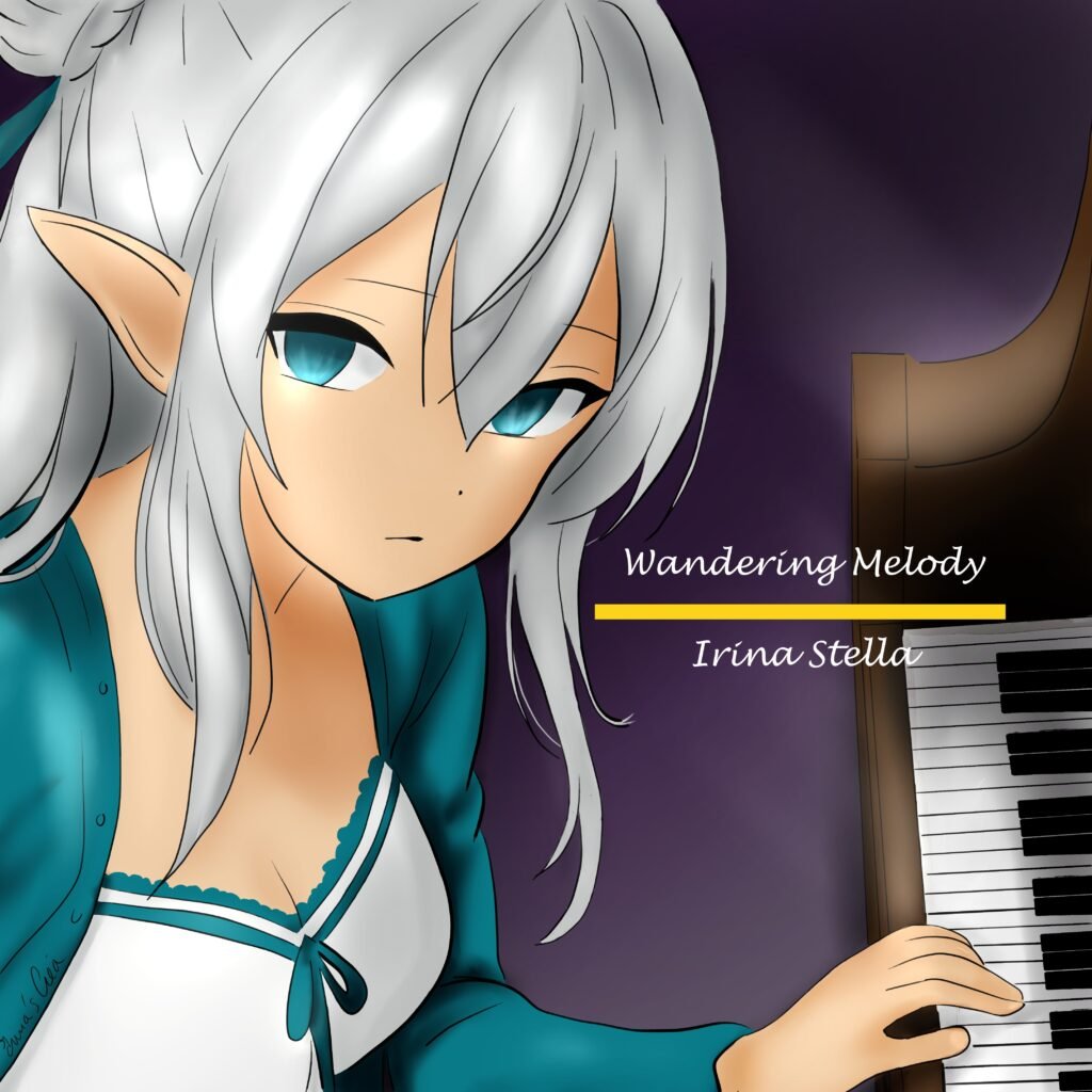 Illustration d'une elfe aux cheveux argentés assise devant un piano à queue, regard introspectif, style anime, couverture musicale Wandering Melody Irina Stella